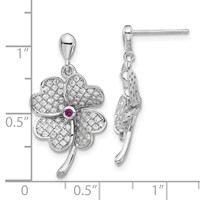 Sterling Silver Rhod-plated CZ & Red Corundum Four Leaf Clover Earrings view 3