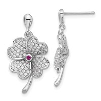 Sterling Silver Rhod-plated CZ & Red Corundum Four Leaf Clover Earrings view 1