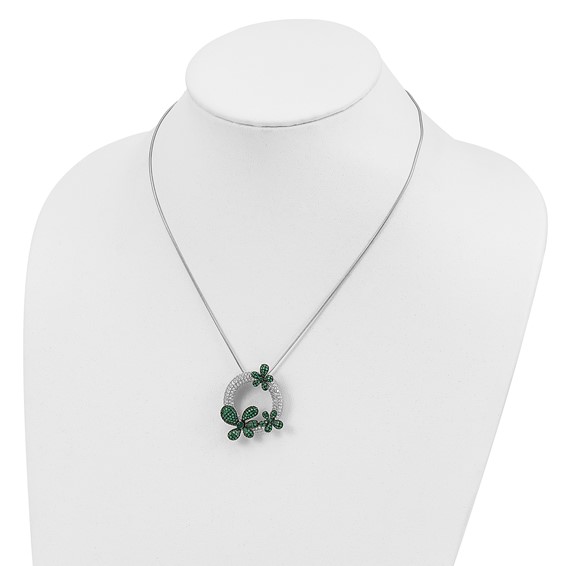 Brilliant Embers Sterling Silver Rhodium-plated 327 Stone 18 inch Micro Pavé White and Green CZ Flower Necklace with 2 Inch Extender