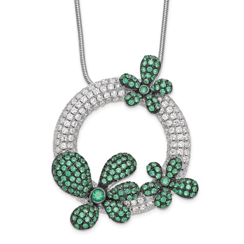 Brilliant Embers Sterling Silver Rhodium-plated 327 Stone Micro Pavé White and Green CZ Flower Necklace with 2 Inch Extender, 18"