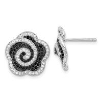Sterling Silver True Fire Black & Clear CZ Swirl Flower Post Earrings view 1