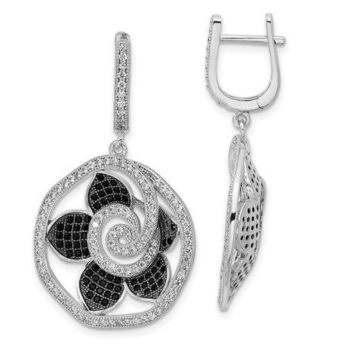 Sterling Silver True Fire Black & Clear CZ Flower Hinged Dangle Earrings