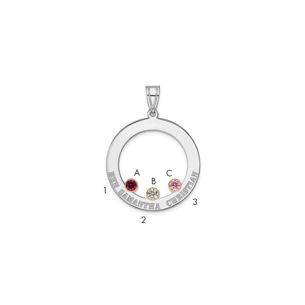 SSilver Rh-plated 3 Birthstone Circle Pendant with 14K Bezel Family