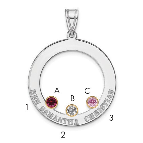 SSilver Rh-plated 3 Birthstone Circle Pendant with 14K Bezel Family
