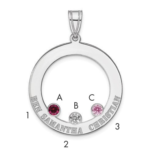 SSilver Rh-plated 3 Birthstone Circle Pendant with SSilver Bezel Family