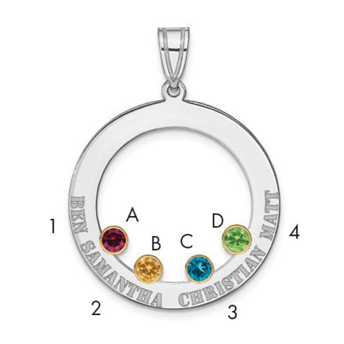 SSilver Rh-plated 4 Birthstone Circle Pendant with 14K Bezel Family