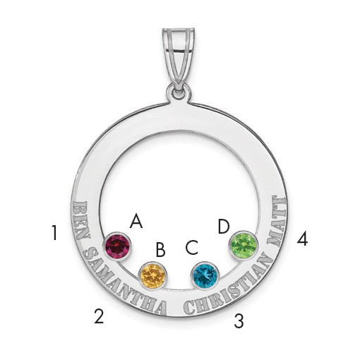 SSilver Rh-plated 4 Birthstone Circle Pendant with SSilver Bezel Family