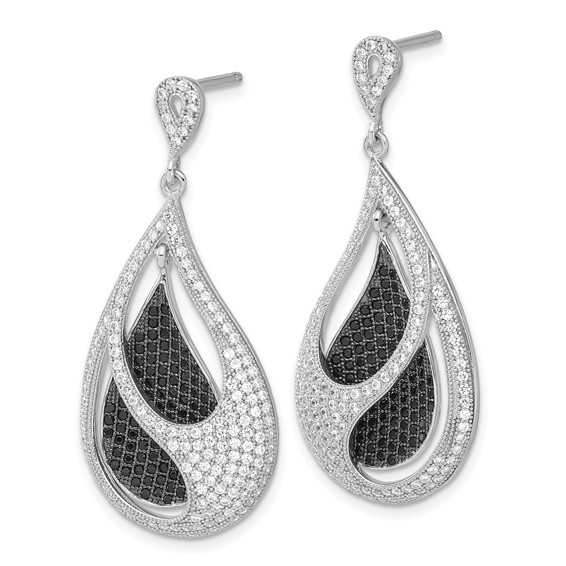 Ture Fire Sterling Silver Black and Clear CZ Teardrop Post Dangle Earrings