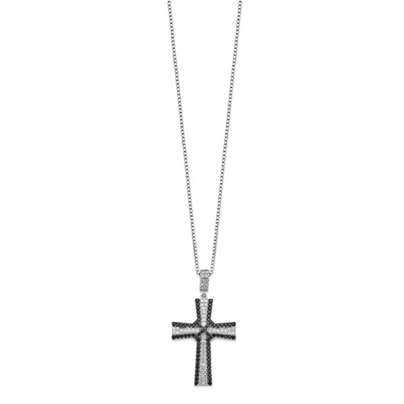Brilliant Embers Sterling Silver Rhodium-plated 124 Stone 18 inch Black and White Micro Pavé CZ Cross Necklace with 2 Inch Extender