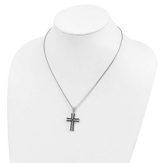 Brilliant Embers Sterling Silver Rhodium-plated 124 Stone 18 inch Black and White Micro Pavé CZ Cross Necklace with 2 Inch Extender