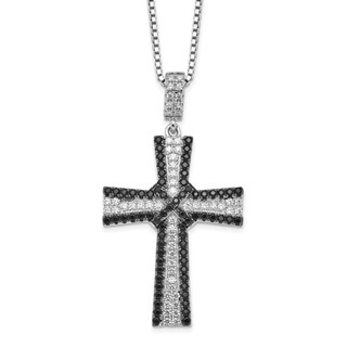 Brilliant Embers Sterling Silver Rhodium-plated 124 Stone 18 inch Black and White Micro Pavé CZ Cross Necklace with 2 Inch Extender