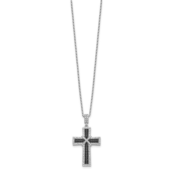 Brilliant Embers Sterling Silver Rhodium-plated 156 Stone 18 inch Black and White Micro Pavé CZ Polished Cross Necklace with 2 Inch Extender