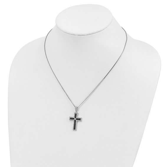 Brilliant Embers Sterling Silver Rhodium-plated 156 Stone 18 inch Black and White Micro Pavé CZ Polished Cross Necklace with 2 Inch Extender