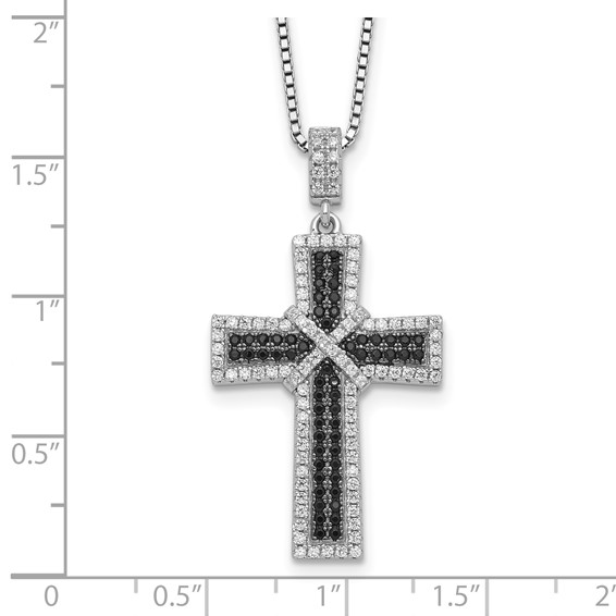 Brilliant Embers Sterling Silver Rhodium-plated 156 Stone 18 inch Black and White Micro Pavé CZ Polished Cross Necklace with 2 Inch Extender
