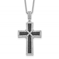 Brilliant Embers Sterling Silver Rhodium-plated 156 Stone Black and White Micro Pavé CZ Polished Cross Necklace with 2 Inch Extender, 18" view 1