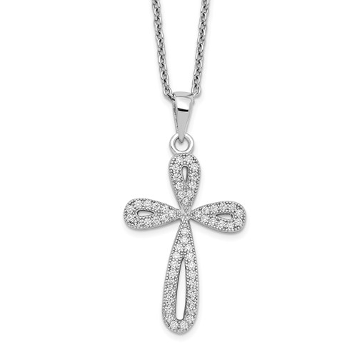 Brilliant Embers Sterling Silver Rhodium-plated 55 Stone Micro Pavé CZ Cross Necklace with 2 Inch Extender, 18"