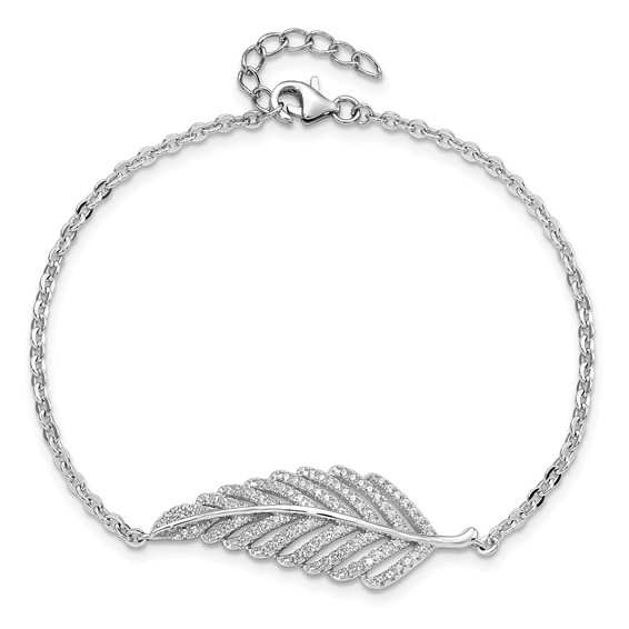 Brilliant Embers Sterling Silver Rhodium-plated 87 Stone 7 inch Micro Pavé CZ Feather Bracelet with 1 inch Extender