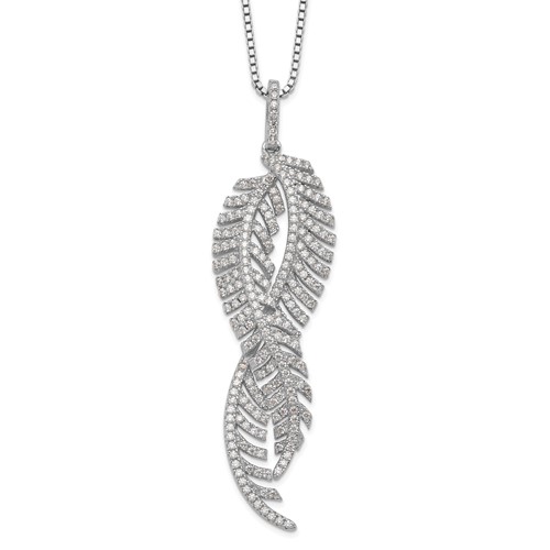 Brilliant Embers Sterling Silver Rhodium-plated 219 Stone Micro Pavé CZ Feathers Necklace with 2 Inch Extender, 18"