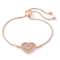 Brilliant Embers Sterling Silver Rose-tone Flash Rose Gold-plated 60 Stone Filigree CZ Heart Adjustable Bracelet view 5