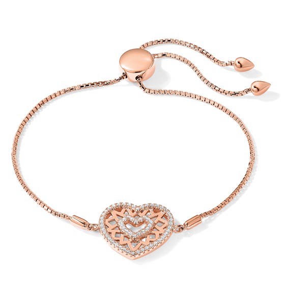 Brilliant Embers Sterling Silver Rose-tone Flash Rose Gold-plated 60 Stone Filigree CZ Heart Adjustable Bracelet