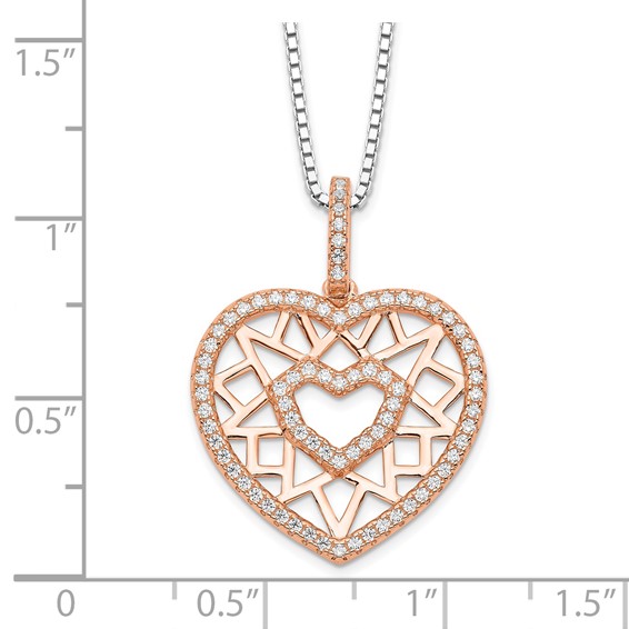 Brilliant Embers Sterling Silver Rose-tone Flash Rose Gold-plated 77 Stone 18 inch Micro Pavé CZ Heart Necklace with 2 Inch Extender
