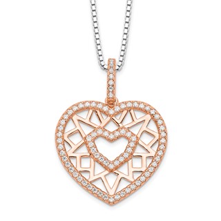 Brilliant Embers Sterling Silver Rose-tone Flash Rose Gold-plated 77 Stone 18 inch Micro Pavé CZ Heart Necklace with 2 Inch Extender