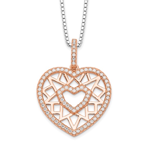 Brilliant Embers Sterling Silver Rose-tone Flash Rose Gold-plated 77 Stone 18 inch Micro Pavé CZ Heart Necklace with 2 Inch Extender
