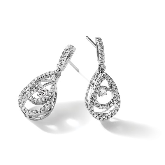 Brilliant Embers Sterling Silver Rhodium-plated 82 Stone CZ Moving Center Pear Shaped Vibrant CZ with Micro Pavé CZ Dangle Post Earrings