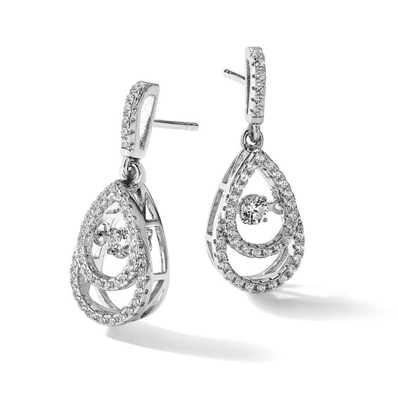 Brilliant Embers Sterling Silver Rhodium-plated 82 Stone CZ Moving Center Pear Shaped Vibrant CZ with Micro Pavé CZ Dangle Post Earrings
