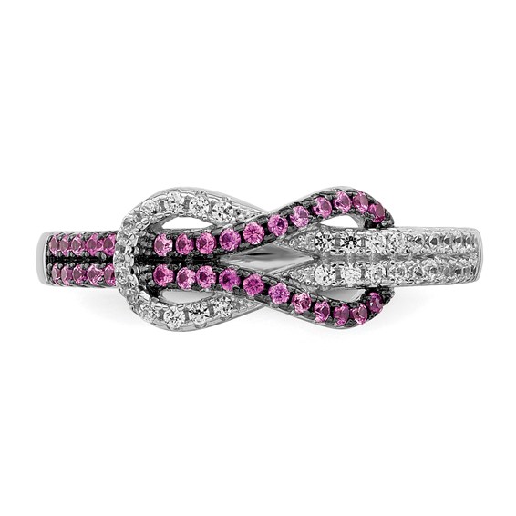 Brilliant Embers Sterling Silver Rhodium-plated 64 Stone Micro Pavé Red and White CZ Love Knot Ring