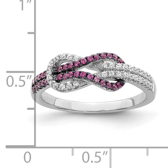 Brilliant Embers Sterling Silver Rhodium-plated 64 Stone Micro Pavé Red and White CZ Love Knot Ring