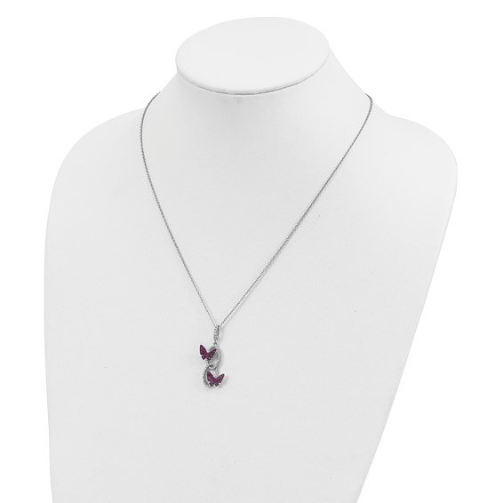 Brilliant Embers Sterling Silver Rhodium-plated 18 inch White CZ Ovals with Red CZ Butterflies Necklace with 2 Inch Extender