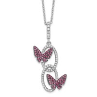 Brilliant Embers Sterling Silver Rhodium-plated White CZ Ovals with Red CZ Butterflies Necklace with 2 Inch Extender, 18" view 1