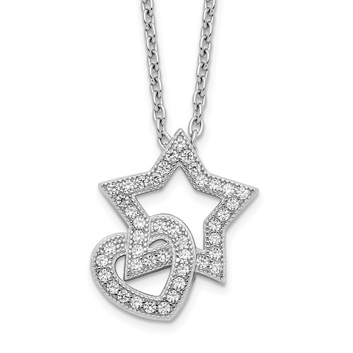 Brilliant Embers Sterling Silver Rhodium-plated 43 Stone Micro Pavé CZ Heart and Star Necklace with 2 Inch Extender, 18"