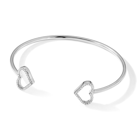 Brilliant Embers Sterling Silver Rhodium-plated 60 Stone Micro Pavé CZ Hearts Bangle