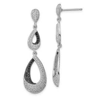 Sterling Silver Rhodium-plated Black & Clear CZ Dangle Post Earrings