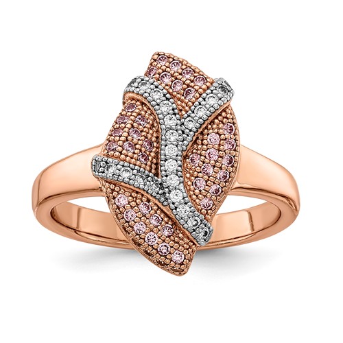 Sterling Silver Rhodium-plated Rose-tone Pink & Clear CZ Leaf Ring