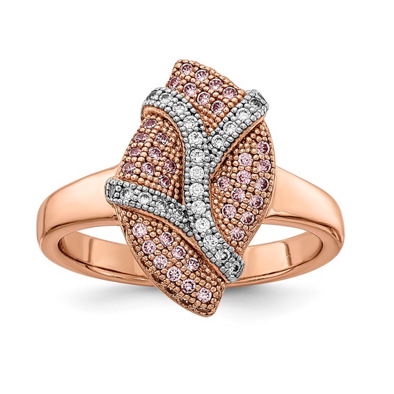 Sterling Silver Rhodium-plated Rose-tone Pink & Clear CZ Leaf Ring