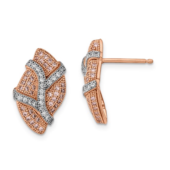 Sterling Silver Rhodium-plated Rose-tone Pink & Clear CZ Leaf Post Earrings