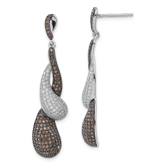 Sterling Silver Rhodium-plated Brown & Clear CZ Dangle Post Earrings