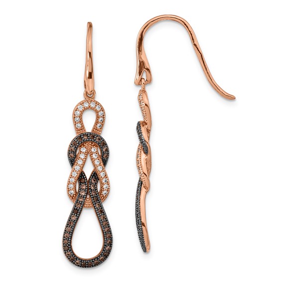 Sterling Silver Rose & Black-tone Brown & Clear CZ Dangle Earrings