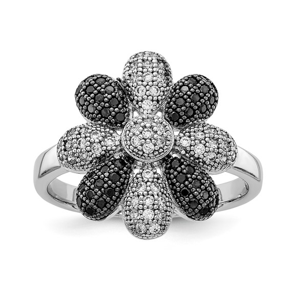 Sterling Silver Rhodium-plated Black & Clear CZ Flower Ring