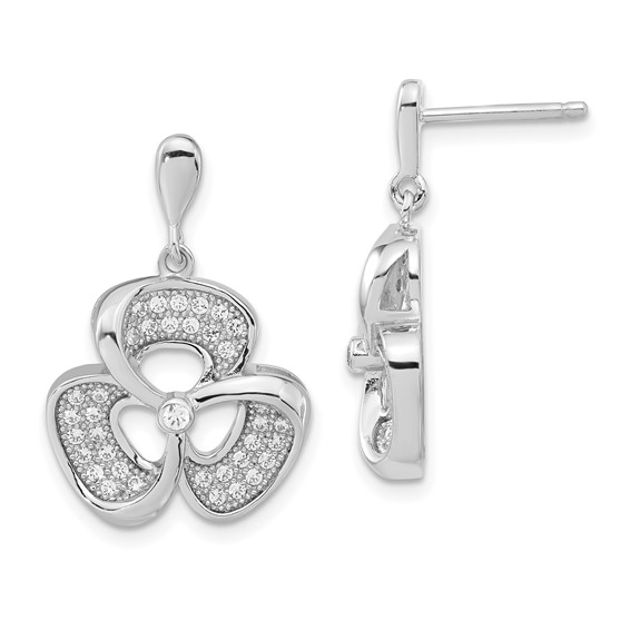 Brilliant Embers Sterling Silver Polished CZ Clover Post Dangle Earrings
