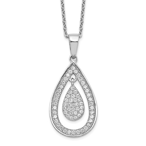Brilliant Embers Sterling Silver Rhodium-plated 64 Stone Micro Pavé CZ Teardrop Necklace with 2 Inch Extender, 18"