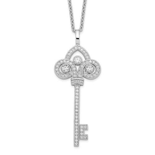 Brilliant Embers Sterling Silver Rhodium-plated 69 Stone Micro Pavé CZ Polished Key Necklace with 2 Inch Extender, 18"