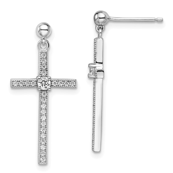 Brilliant Embers Sterling Silver Rhodium-plated 50 Stone Micro Pavé CZ Cross Dangle Earrings