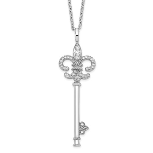 Brilliant Embers Sterling Silver Rhodium-plated 33 Stone Micro Pavé CZ Polished Key Necklace with 2 Inch Extender, 18"