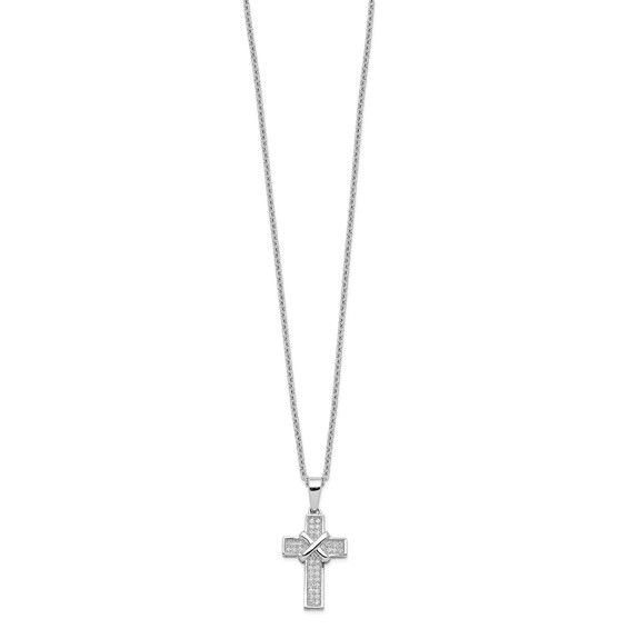 Brilliant Embers Sterling Silver Rhodium-plated 38 Stone 18 inch Micro Pavé CZ Polished Cross Necklace with 2 Inch Extender