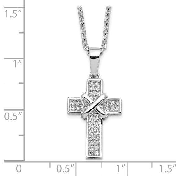 Brilliant Embers Sterling Silver Rhodium-plated 38 Stone 18 inch Micro Pavé CZ Polished Cross Necklace with 2 Inch Extender