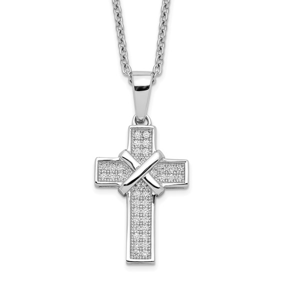 Brilliant Embers Sterling Silver Rhodium-plated 38 Stone 18 inch Micro Pavé CZ Polished Cross Necklace with 2 Inch Extender